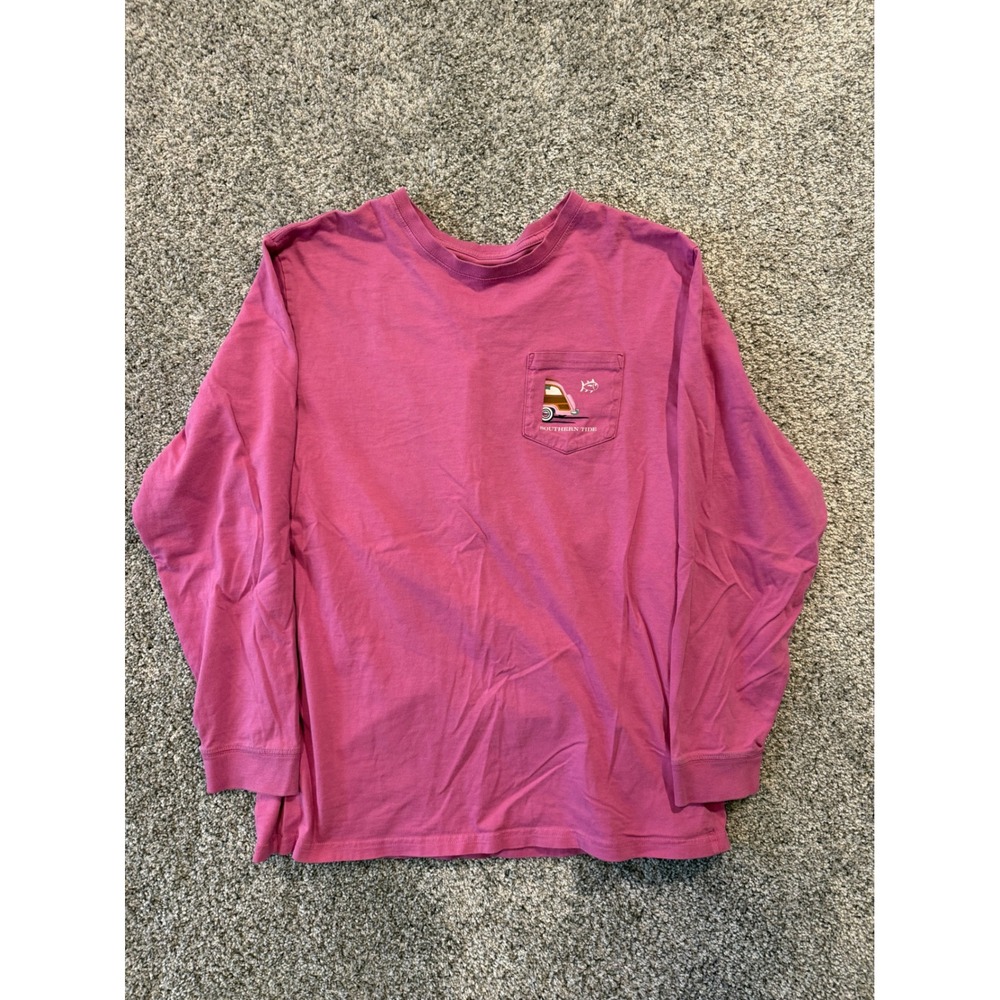 Southern Tide T-Shirt Womens M Pink Woodie Wagon Long Sleeve Pocket Graphic Tee